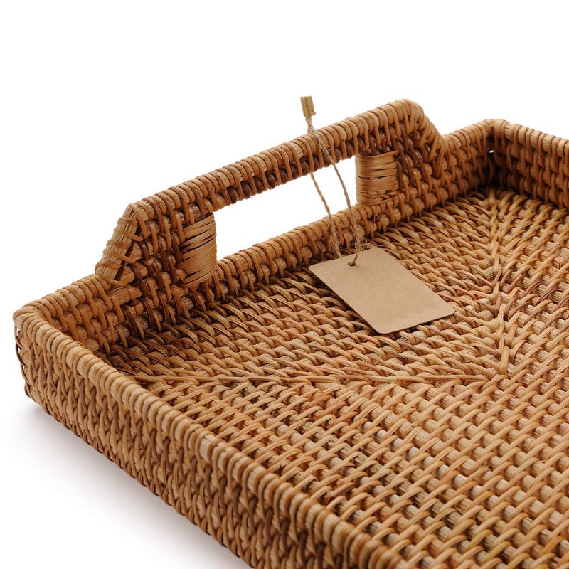 DECRAFTS Hand-Woven Rattan Rectangular Serving Tray with Handles for Breakfast, Drinks, Snack for Coffee Table (14.5x10.2x1.4inches) - Image 3